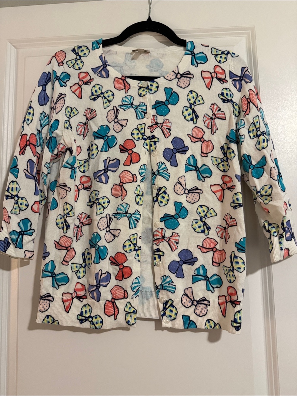 Talbots White Cardigan with Multicolor Bow Print